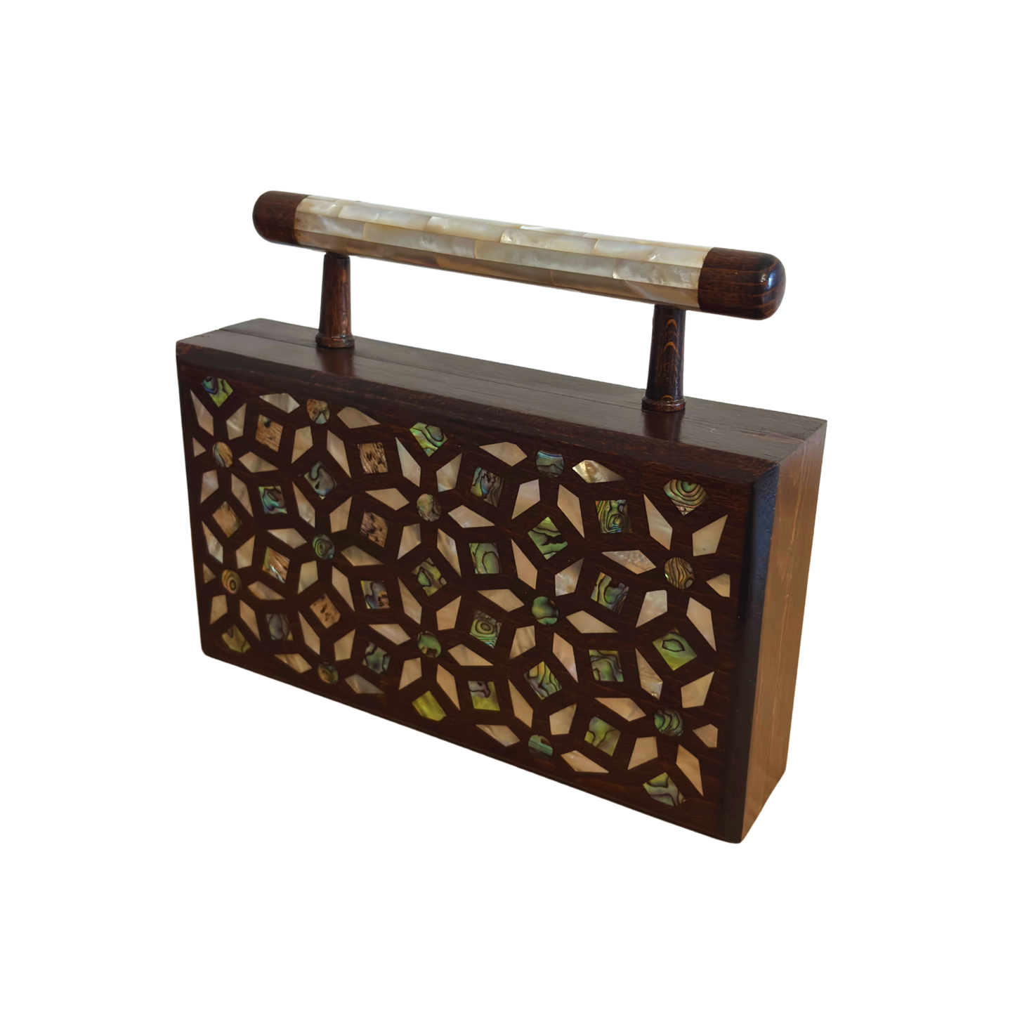 Der Garten der Geheimnisse – Handgefertigte Damaszener Clutch aus Nussbaumholz mit Geometrischen & Botanischen Perlmuttintarsien