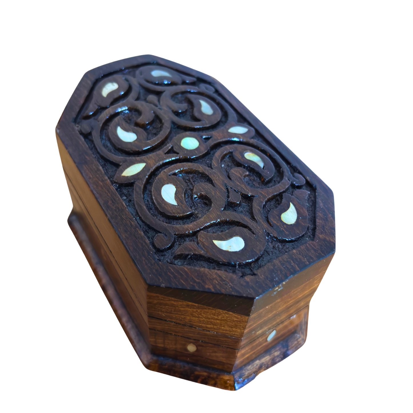 Hand-Carved Beechwood Box with Mother of Pearl Inlay – Walnut Finish Elegance