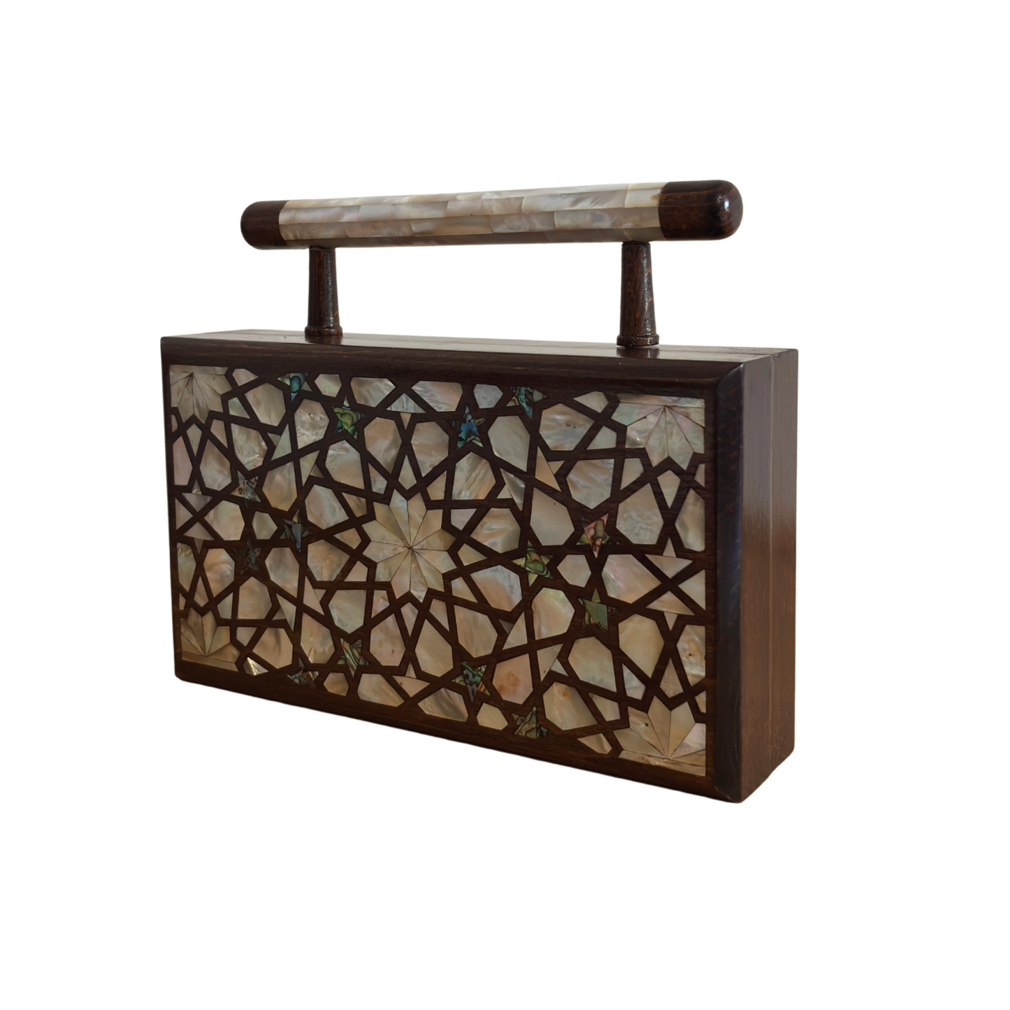 The Celestial Star – Handcrafted Damascene Clutch in Walnut Wood with Mother of Pearl Inlay
