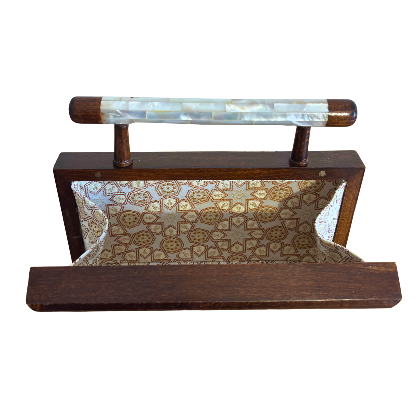 Der Garten der Geheimnisse – Handgefertigte Damaszener Clutch aus Nussbaumholz mit Geometrischen & Botanischen Perlmuttintarsien