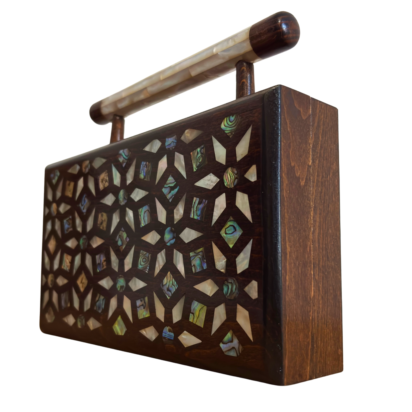 Der Garten der Geheimnisse – Handgefertigte Damaszener Clutch aus Nussbaumholz mit Geometrischen & Botanischen Perlmuttintarsien