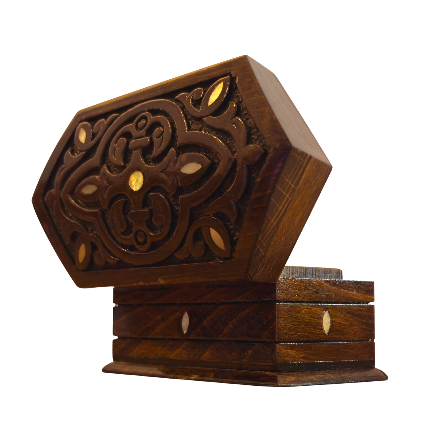 Handgesneden Beukenhouten Doos – Parelmoer & Fluwelen Binnenkant, Tijdloos Oosters Design