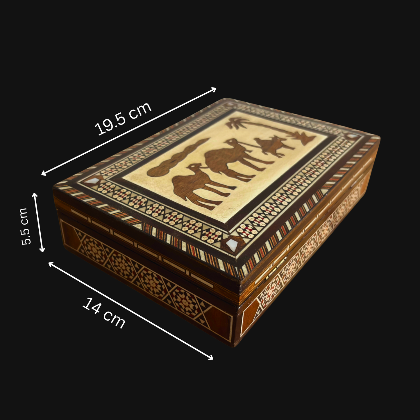 Vintage 1970 Camel Mosaic Jewelry Box – Handcrafted Damascene Art with Mother of Pearl