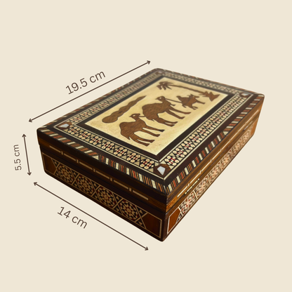 Vintage 1970 Camel Mosaic Jewelry Box – Handcrafted Damascene Art with Mother of Pearl