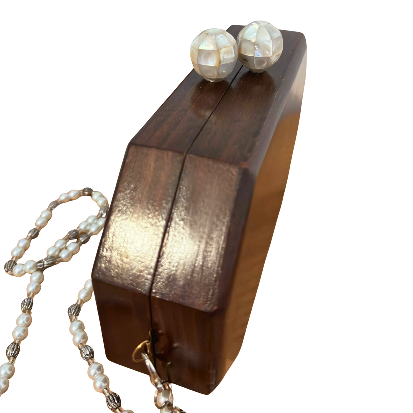 The Whisper of Roses – Handcrafted Damascene Walnut Clutch with Mother of Pearl Rose Inlay & Pearl Rosary Chain