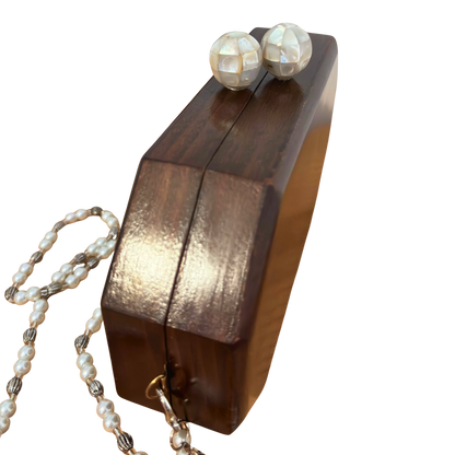 The Whisper of Roses – Handcrafted Damascene Walnut Clutch with Mother of Pearl Rose Inlay & Pearl Rosary Chain