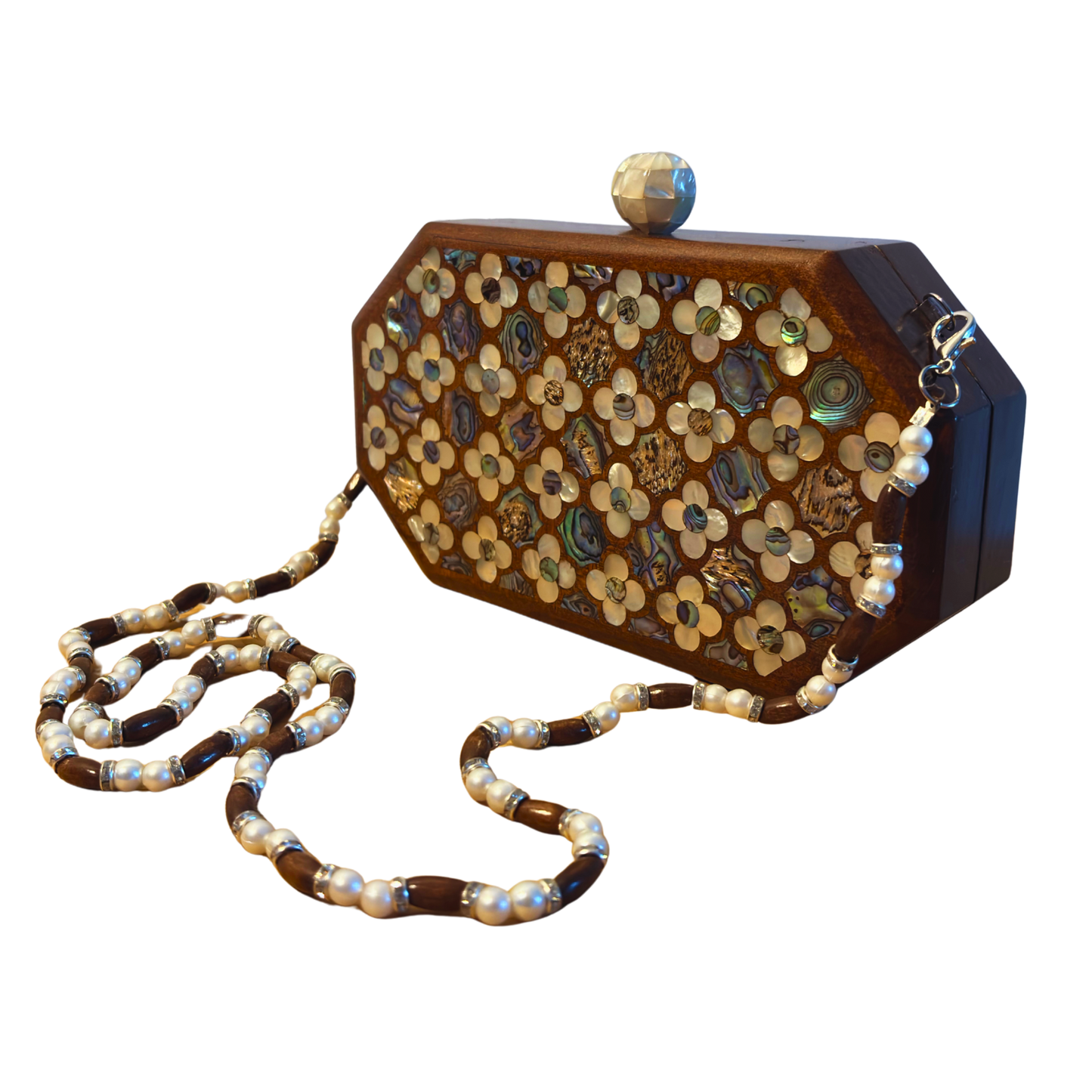 Jouri – Clutch Damascena di Lusso con Madreperla Floreale & Catena di Perle