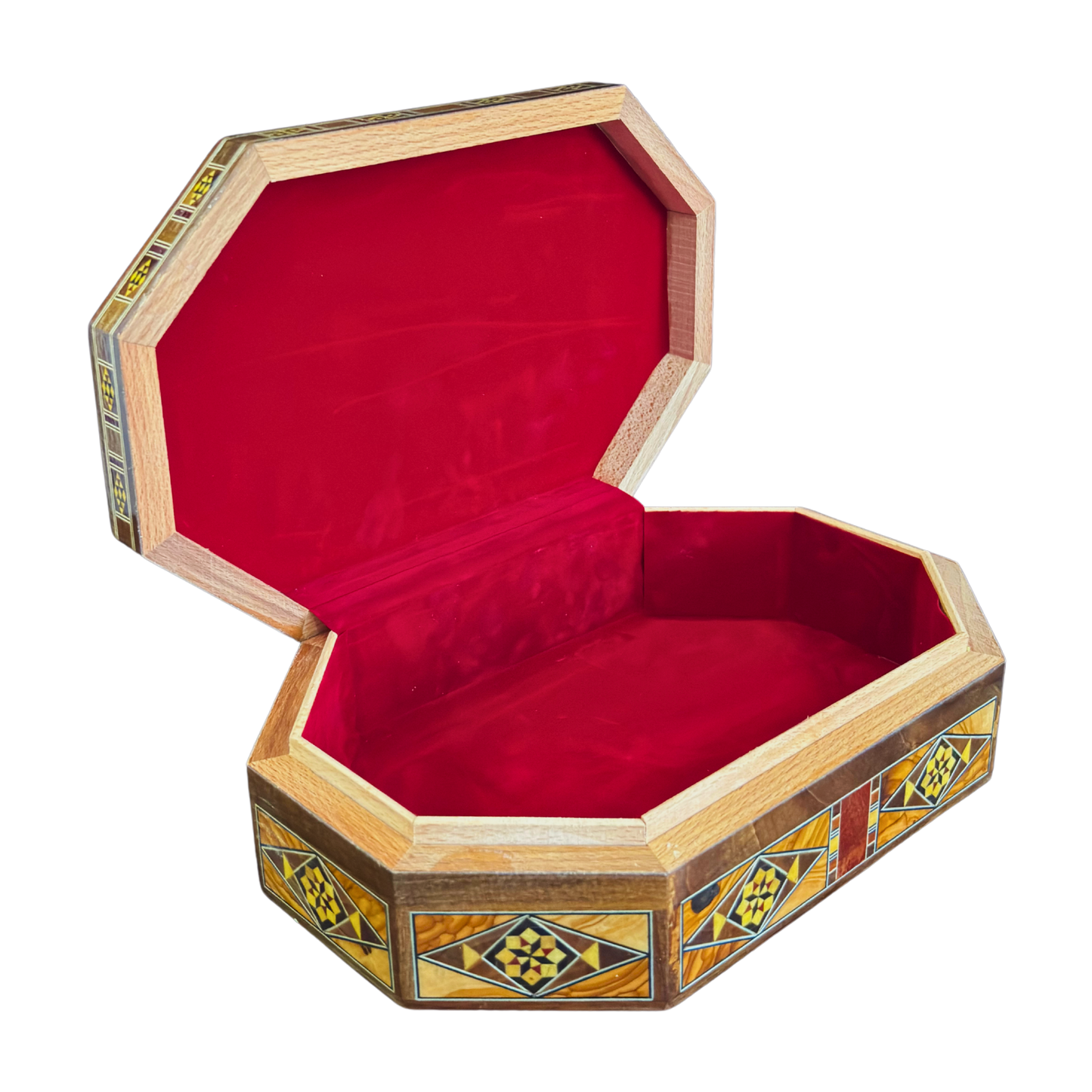 Luxe Damascene mozaïekdoos met echte parelmoerinleg en wijnrood fluwelen interieur.