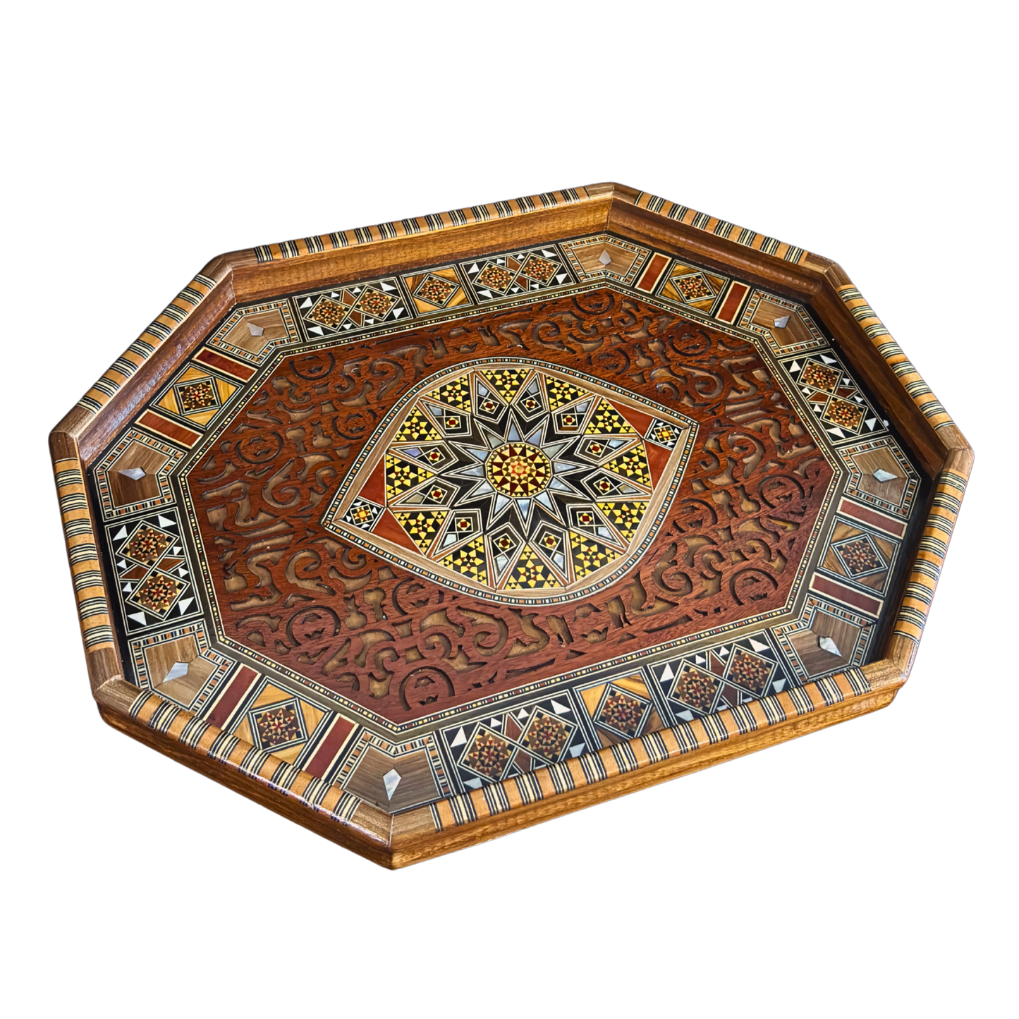 Luxury Damascene Mosaic Serving Tray – Mother of Pearl & Hand-Carved Elegance