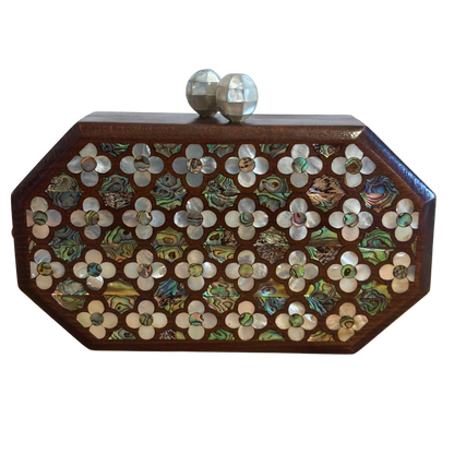 The Whisper of Roses – Handcrafted Damascene Walnut Clutch with Mother of Pearl Rose Inlay & Pearl Rosary Chain