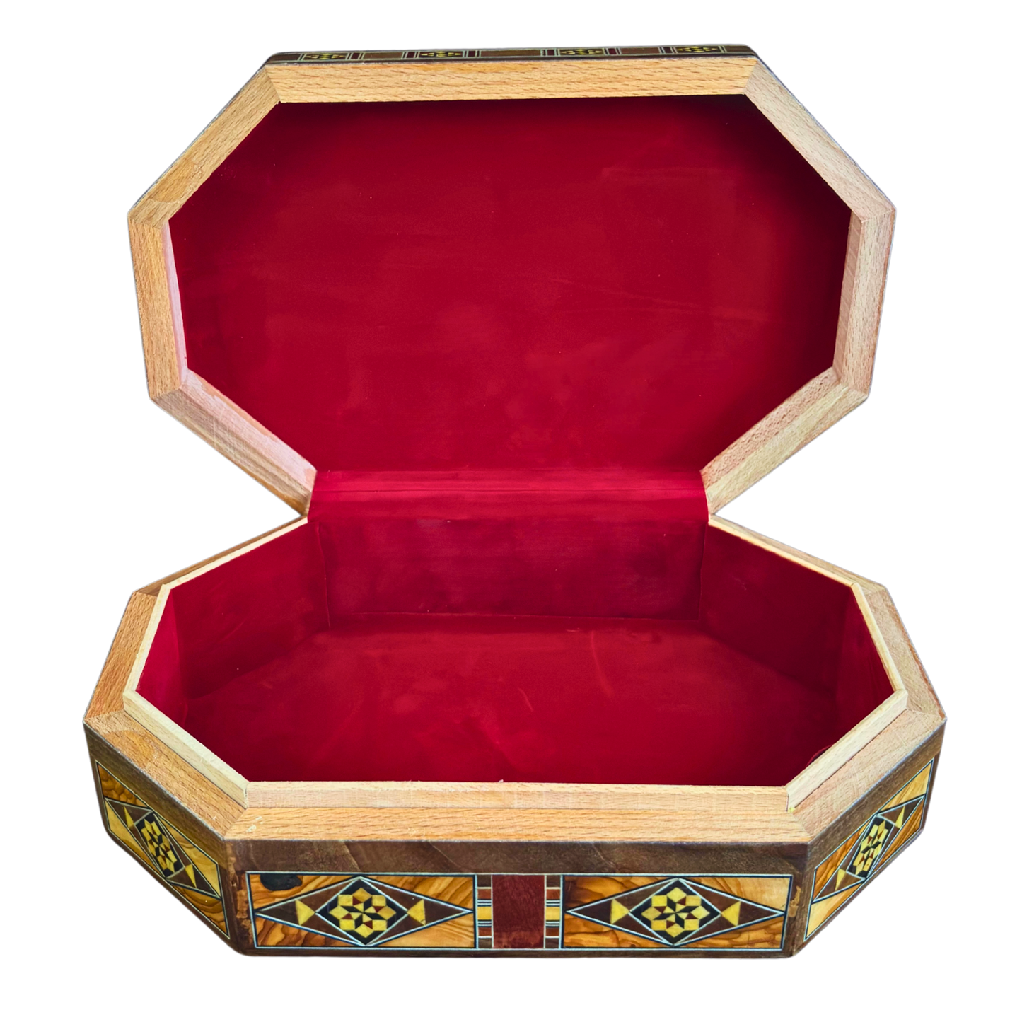Luxe Damascene mozaïekdoos met echte parelmoerinleg en wijnrood fluwelen interieur.