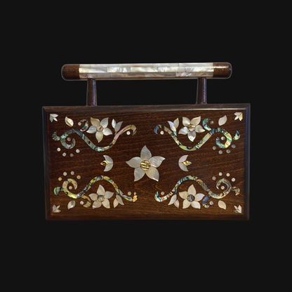 The Garden of Noor – Luxury Damascene Clutch with Floral Mother of Pearl & Brocade Interior