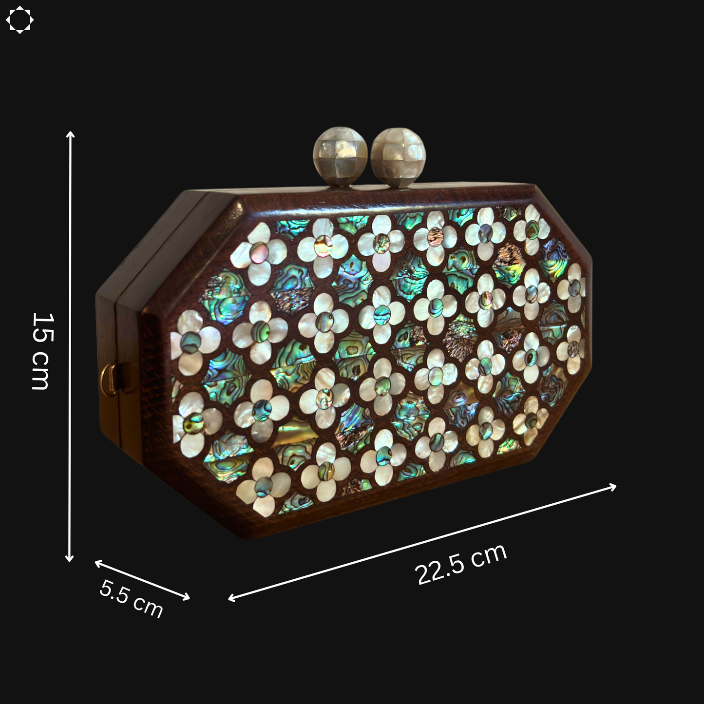 The Whisper of Roses – Handcrafted Damascene Walnut Clutch with Mother of Pearl Rose Inlay & Pearl Rosary Chain