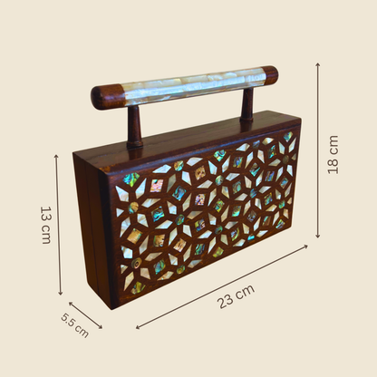 Zenobia – Luxury Damascene Walnut Clutch with Geometric & Botanical Mother of Pearl Inlay