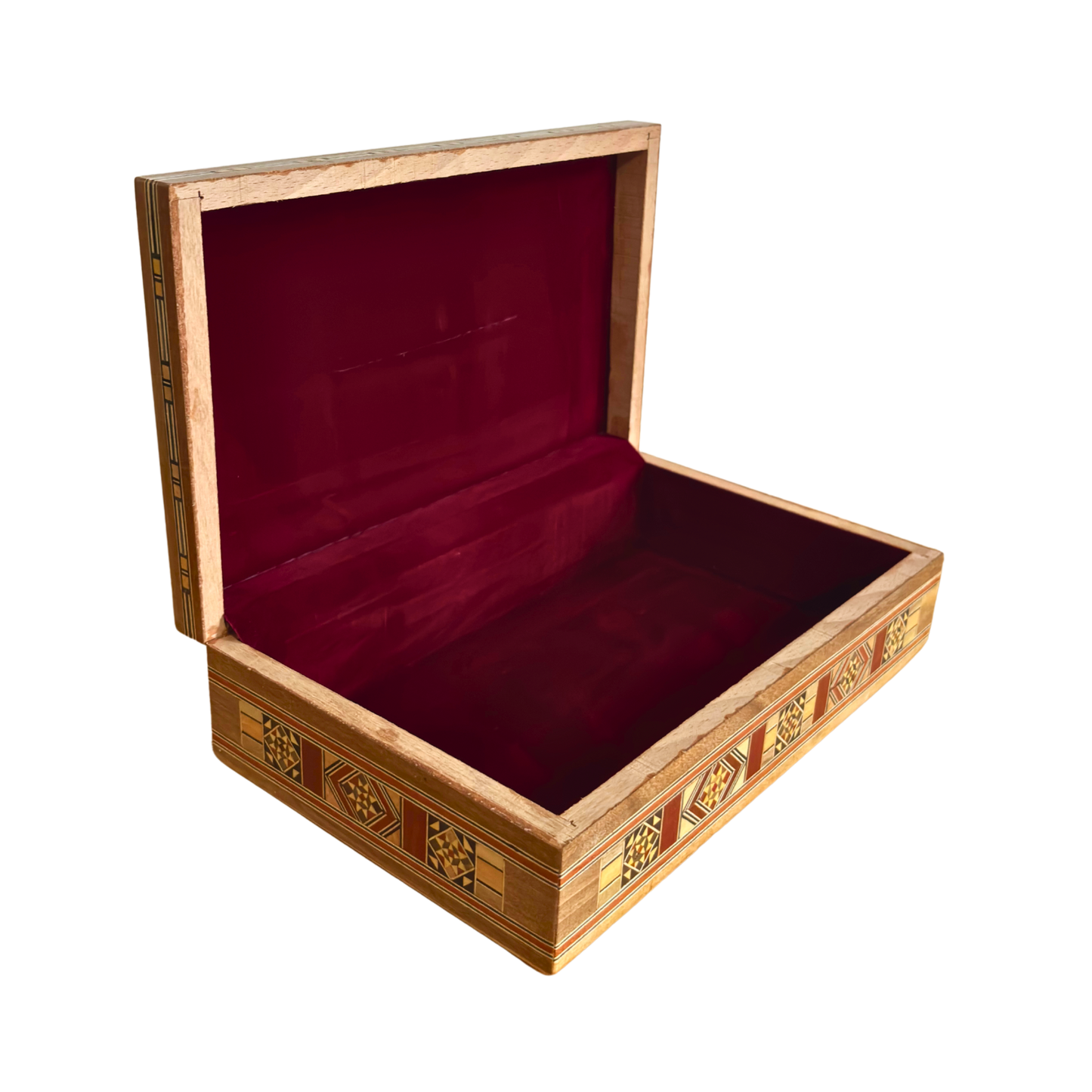 Damascene Carved Wooden Tissue Box – Natural Woods & Wine-Red Velvet Interior