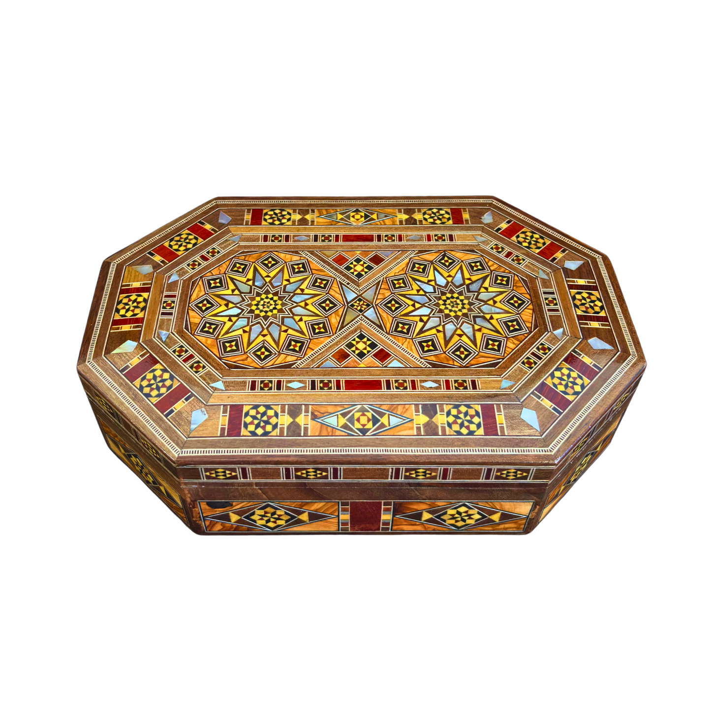 Luxe Damascene mozaïekdoos met echte parelmoerinleg en wijnrood fluwelen interieur.
