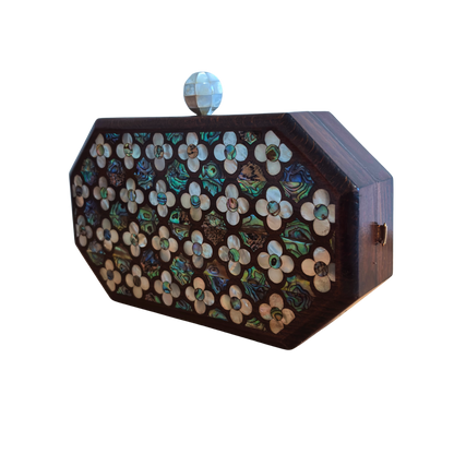 The Whisper of Roses – Handcrafted Damascene Walnut Clutch with Mother of Pearl Rose Inlay & Pearl Rosary Chain