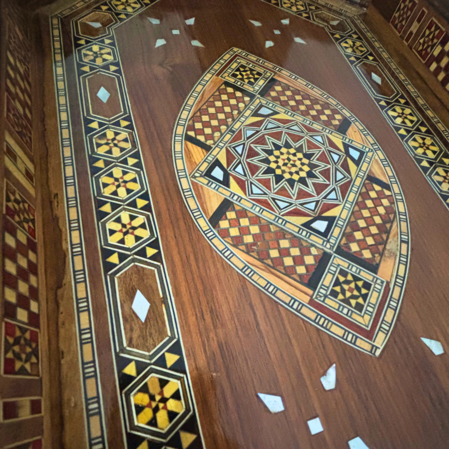 Damascene Mosaic Wooden Tray – Mother of Pearl Inlay & Walnut Finish