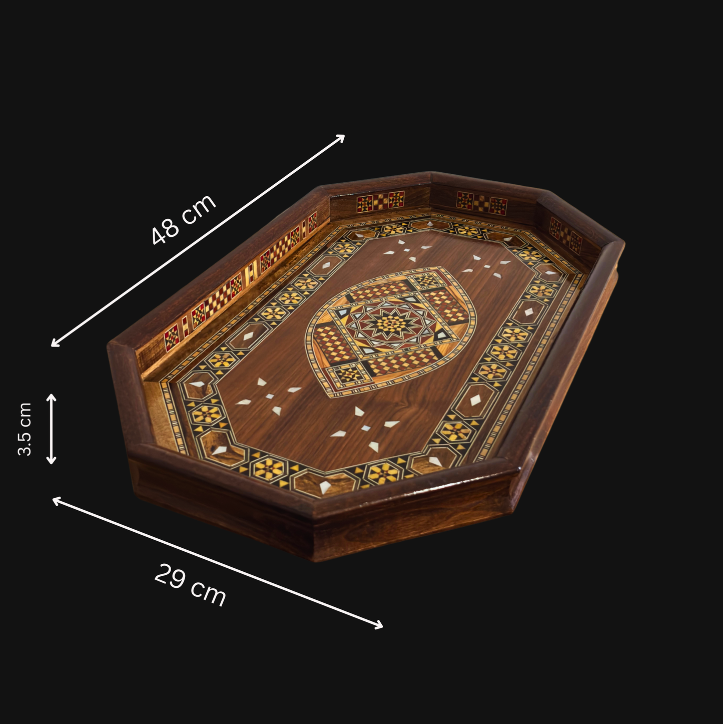 Damascene Mosaic Wooden Tray – Mother of Pearl Inlay & Walnut Finish