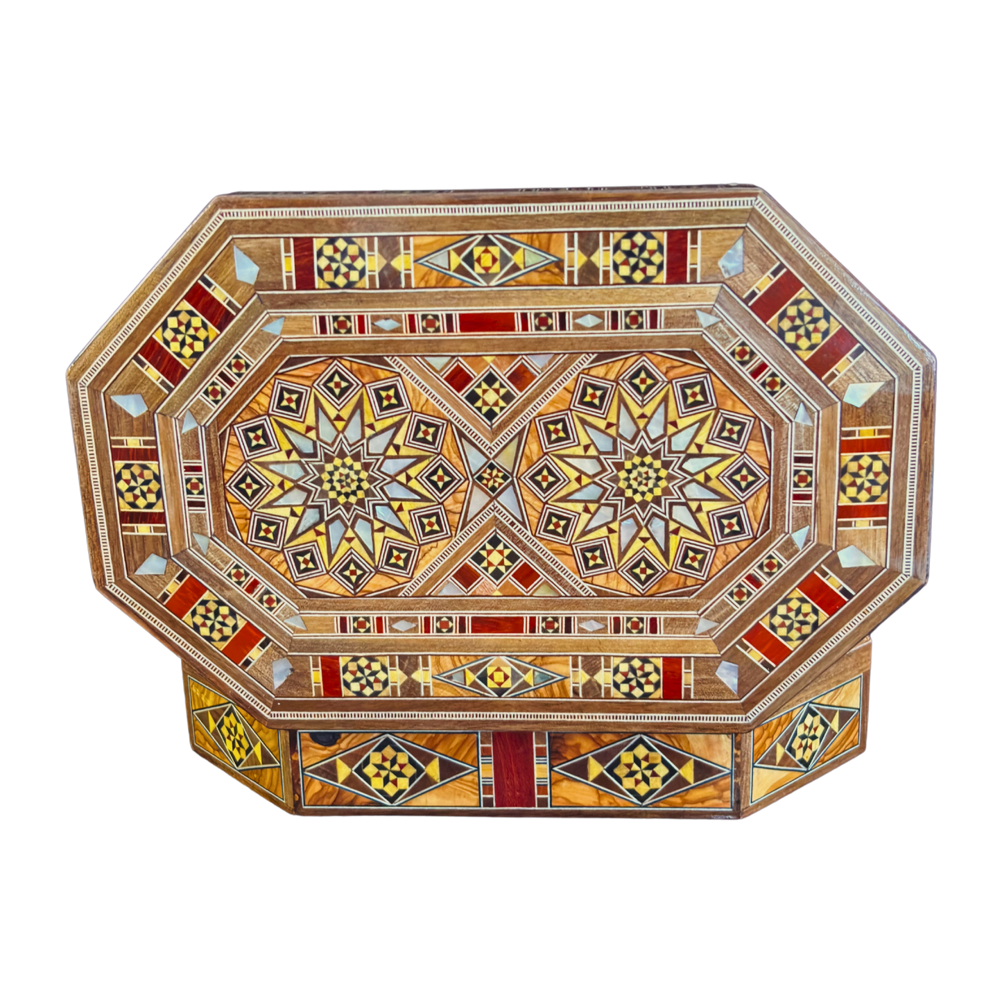 Luxe Damascene mozaïekdoos met echte parelmoerinleg en wijnrood fluwelen interieur.