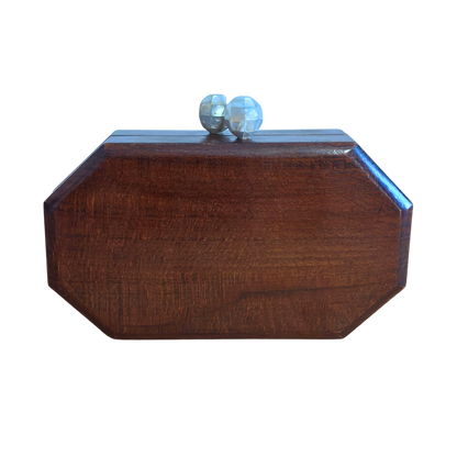 The Whisper of Roses – Handcrafted Damascene Walnut Clutch with Mother of Pearl Rose Inlay & Pearl Rosary Chain