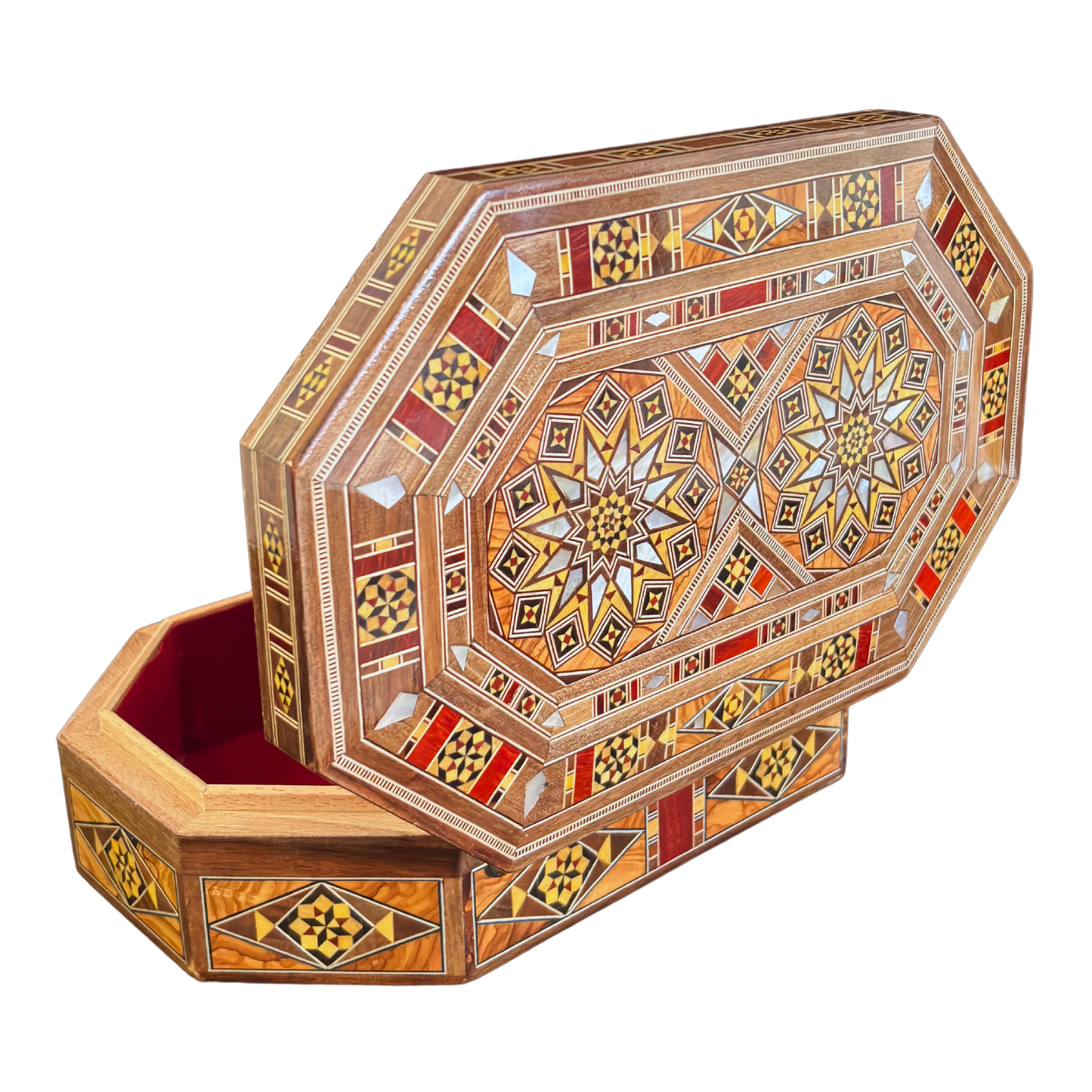 Luxe Damascene mozaïekdoos met echte parelmoerinleg en wijnrood fluwelen interieur.
