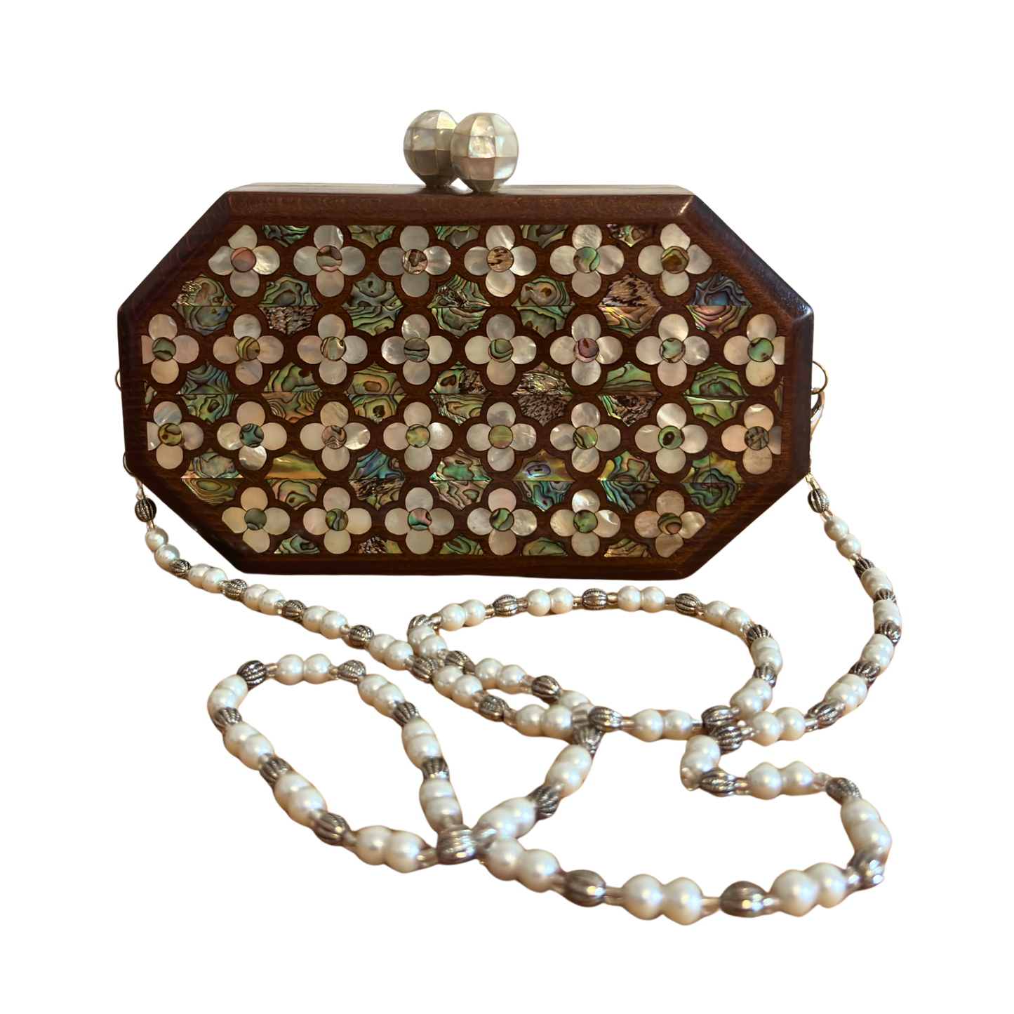 The Whisper of Roses – Handcrafted Damascene Walnut Clutch with Mother of Pearl Rose Inlay & Pearl Rosary Chain