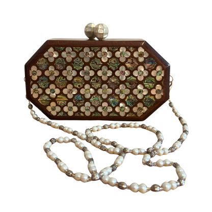 The Whisper of Roses – Handcrafted Damascene Walnut Clutch with Mother of Pearl Rose Inlay & Pearl Rosary Chain