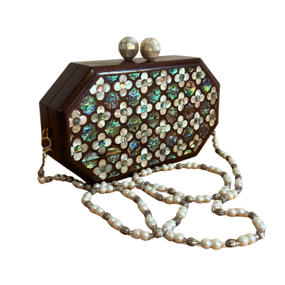 The Whisper of Roses – Handcrafted Damascene Walnut Clutch with Mother of Pearl Rose Inlay & Pearl Rosary Chain