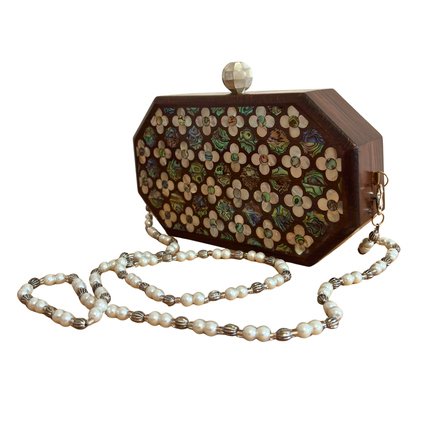 The Whisper of Roses – Handcrafted Damascene Walnut Clutch with Mother of Pearl Rose Inlay & Pearl Rosary Chain