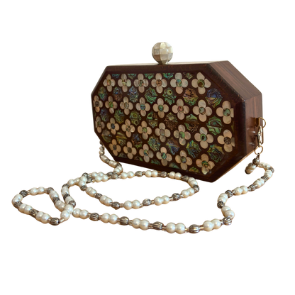 The Whisper of Roses – Handcrafted Damascene Walnut Clutch with Mother of Pearl Rose Inlay & Pearl Rosary Chain