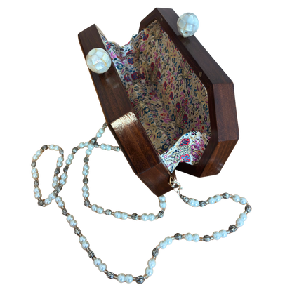 The Whisper of Roses – Handcrafted Damascene Walnut Clutch with Mother of Pearl Rose Inlay & Pearl Rosary Chain